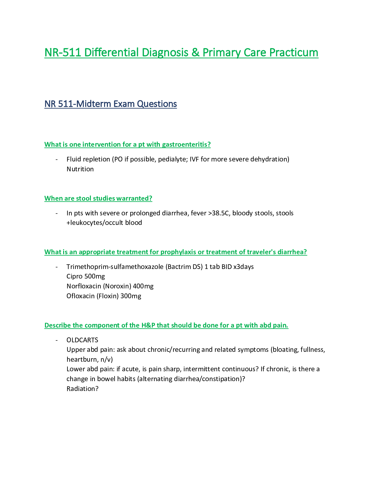 Preview of NR511 / NR 511 Midterm Exam Q & A  : Differential Diagnosis & Primary Care Practicum - Cha